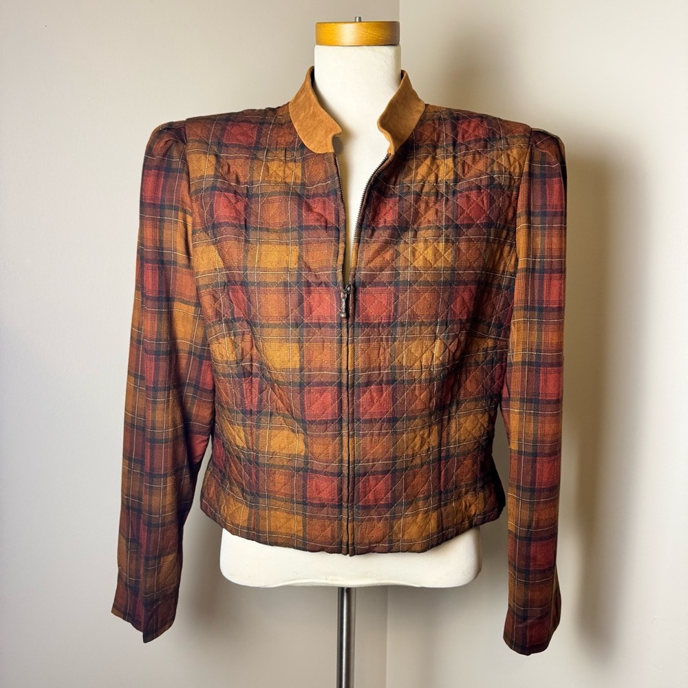 VTG 90s DONNA MORGAN Quilted Plaid Cropped Riding Jacket RUST-COGNAC / SIZE 12